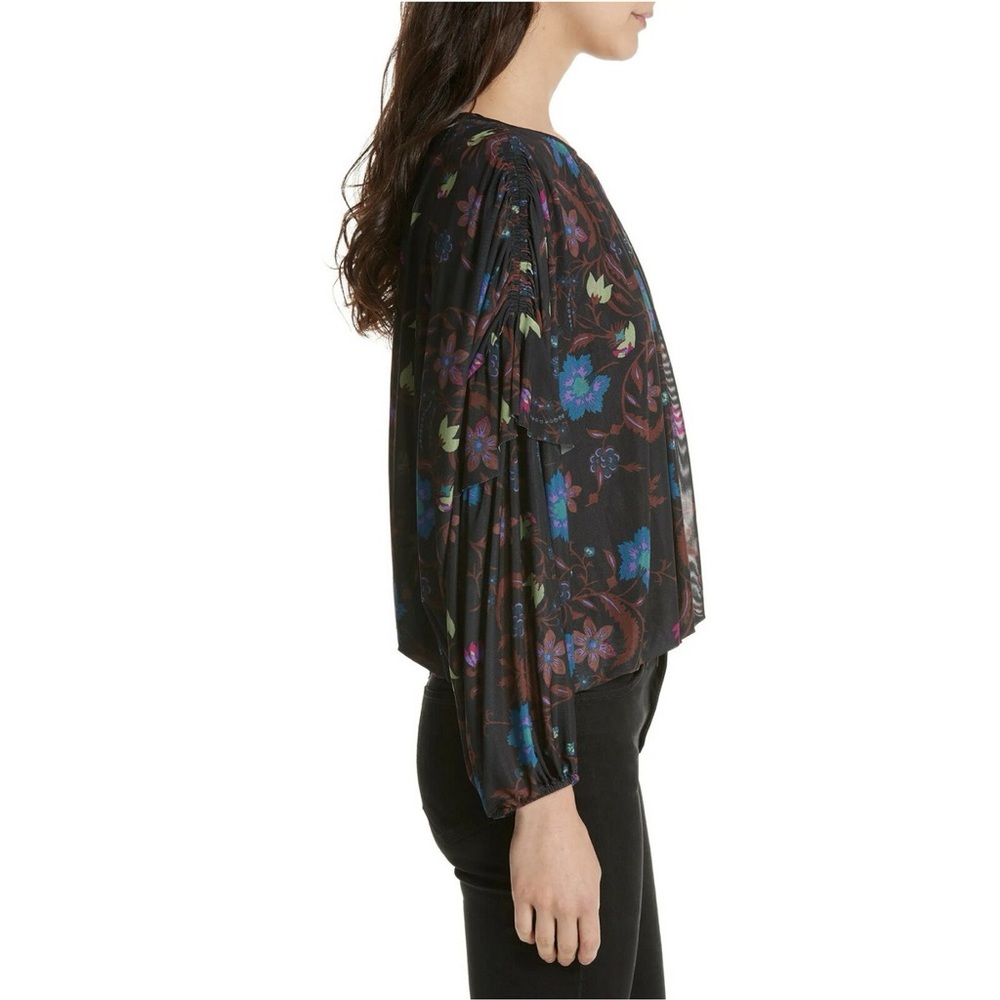 FREE PEOPLE Black Wildflower Honey Floral Stretch Mesh Blouse Ruffle Top Medium - Picture 2 of 6
